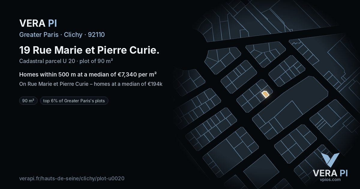 19 Rue Marie et Pierre Curie, Clichy at night – the plot lit, the parcels around coloured by the prices near them