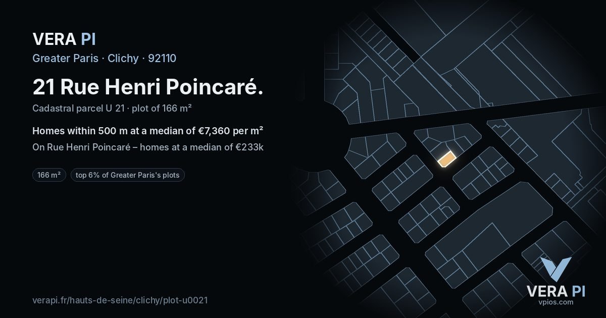 21 Rue Henri Poincaré, Clichy at night – the plot lit, the parcels around coloured by the prices near them