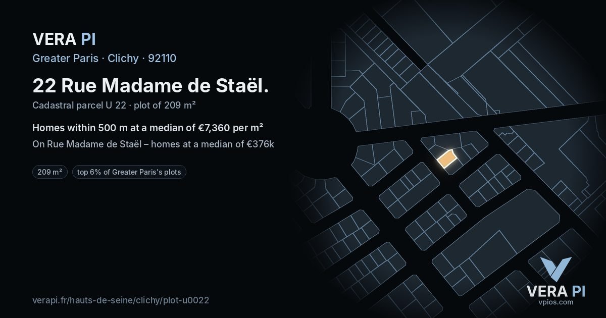 22 Rue Madame de Staël, Clichy at night – the plot lit, the parcels around coloured by the prices near them