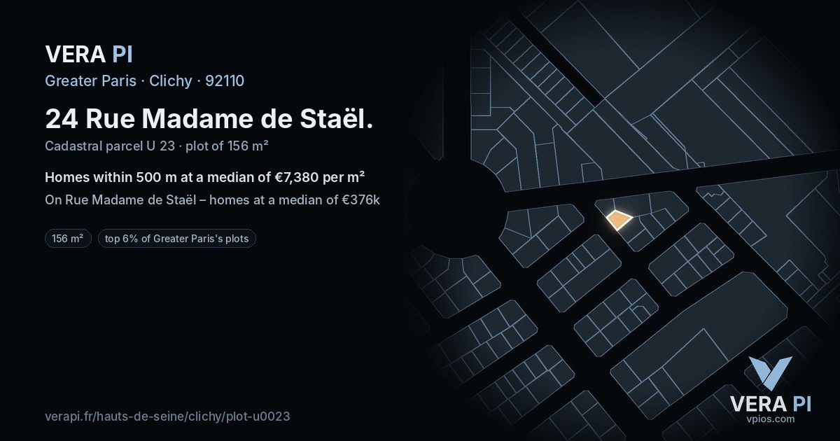 24 Rue Madame de Staël, Clichy at night – the plot lit, the parcels around coloured by the prices near them