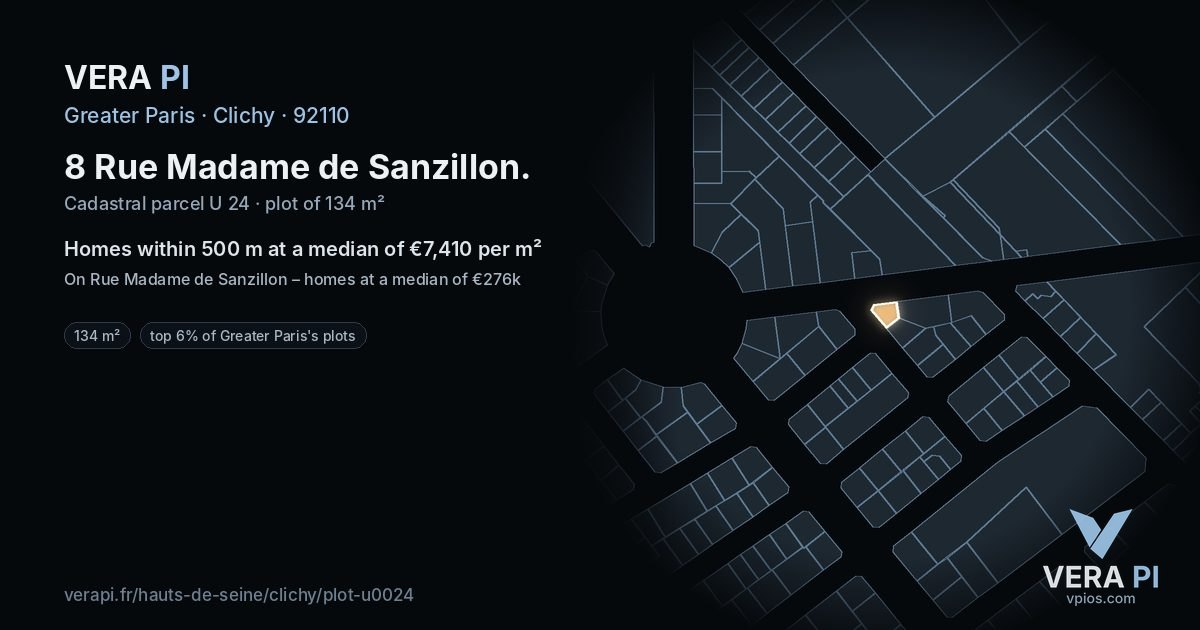 8 Rue Madame de Sanzillon, Clichy at night – the plot lit, the parcels around coloured by the prices near them