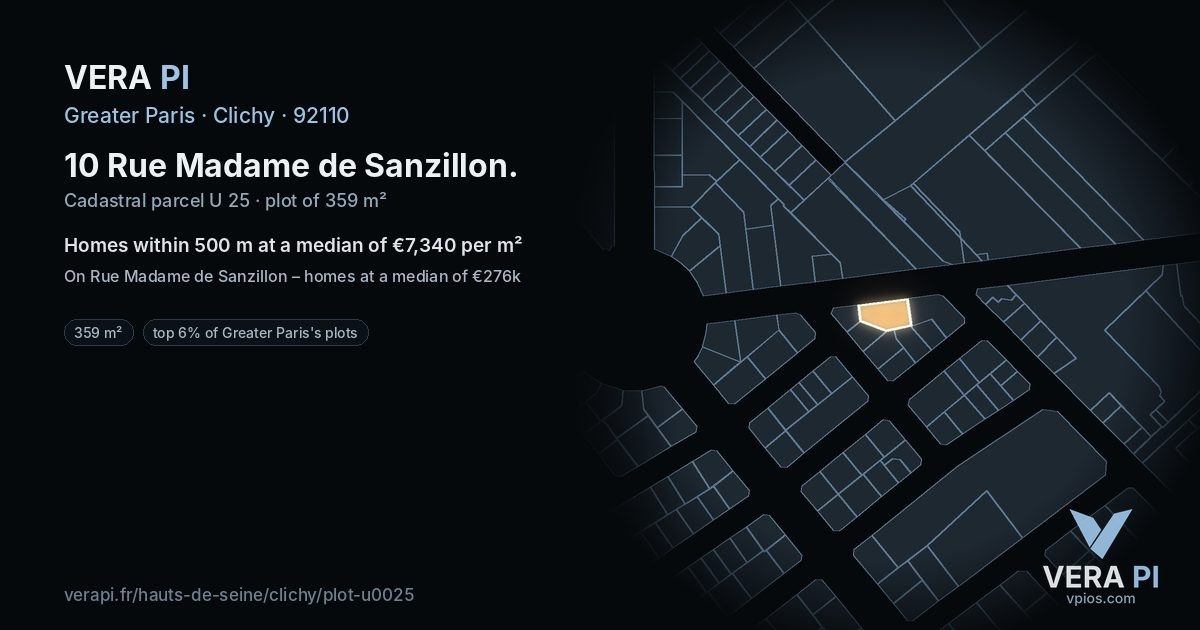 10 Rue Madame de Sanzillon, Clichy at night – the plot lit, the parcels around coloured by the prices near them