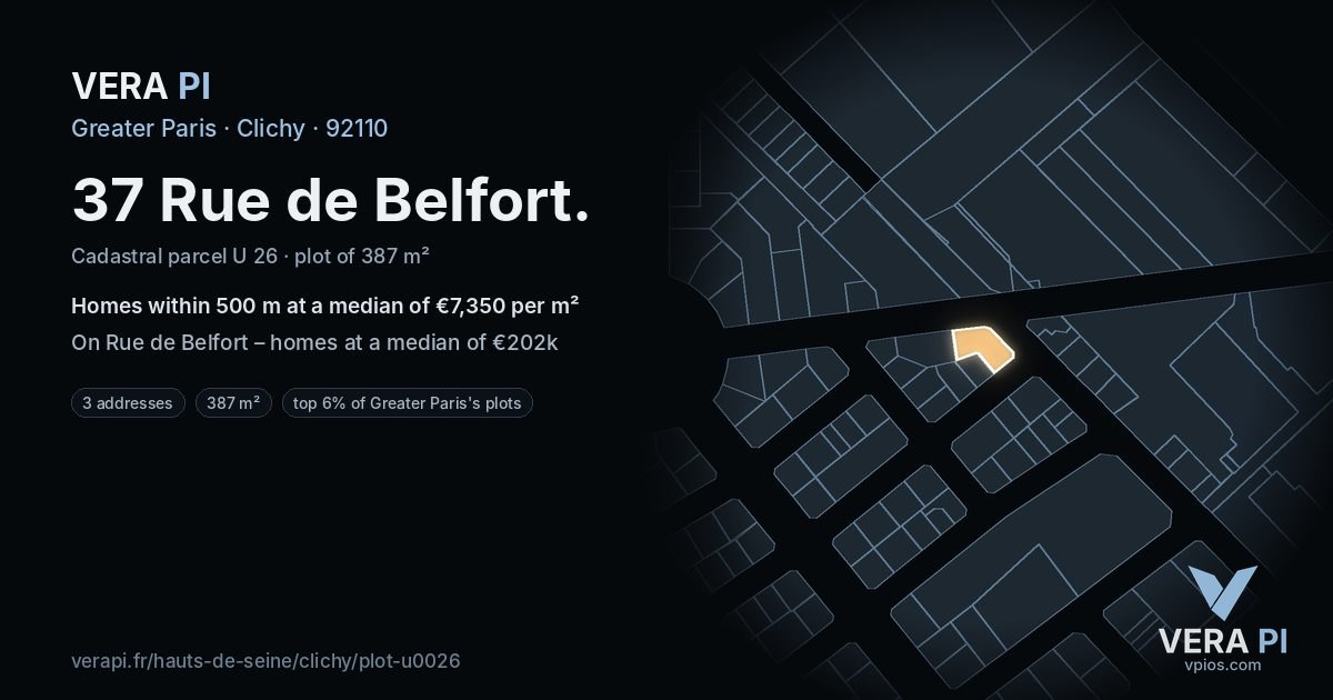 37 Rue de Belfort, Clichy at night – the plot lit, the parcels around coloured by the prices near them