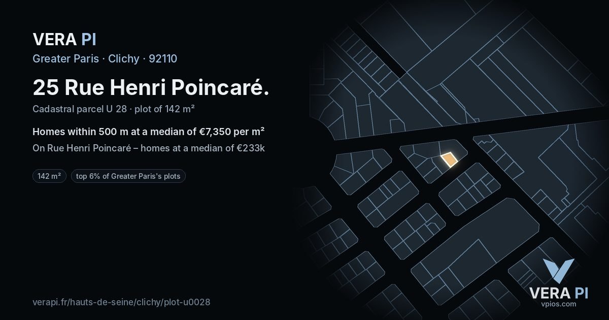 25 Rue Henri Poincaré, Clichy at night – the plot lit, the parcels around coloured by the prices near them