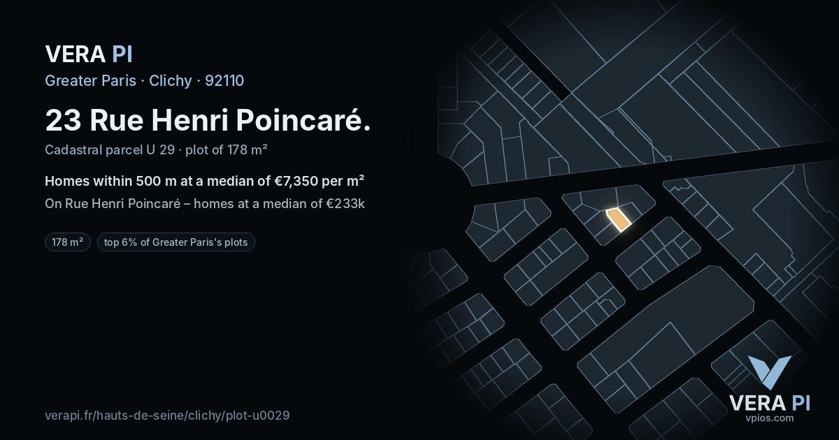 23 Rue Henri Poincaré, Clichy at night – the plot lit, the parcels around coloured by the prices near them