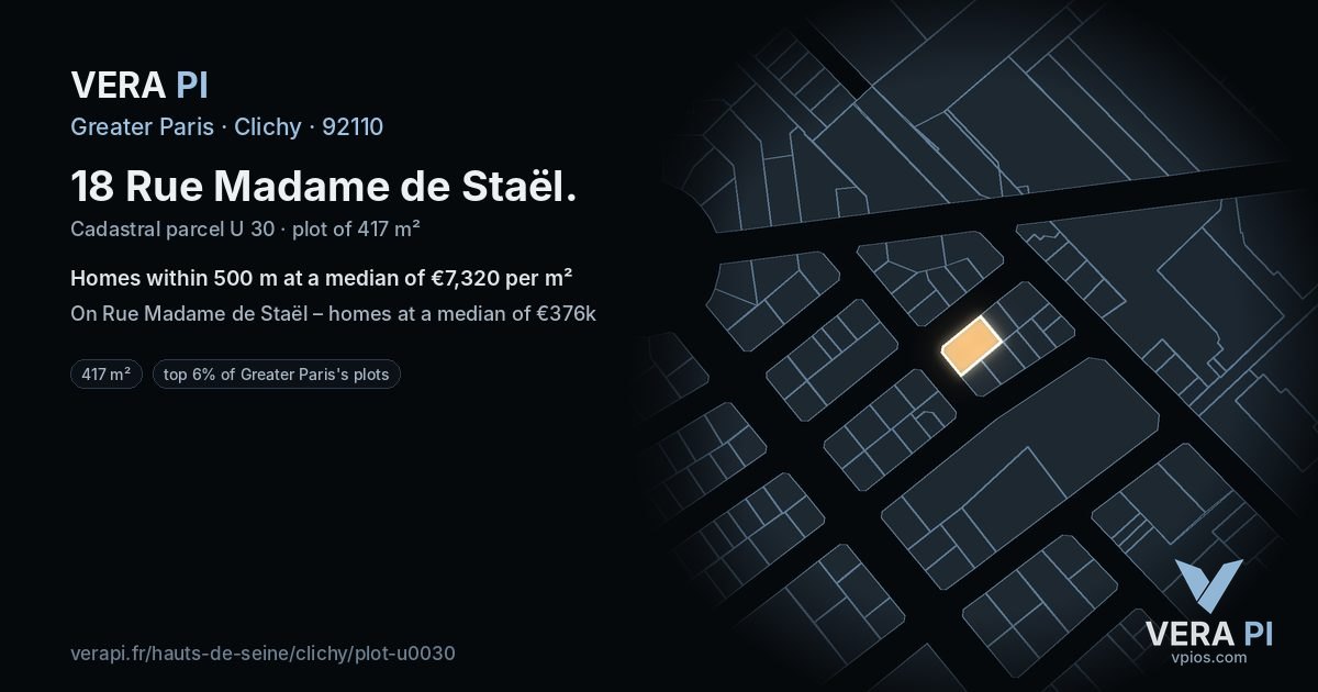 18 Rue Madame de Staël, Clichy at night – the plot lit, the parcels around coloured by the prices near them