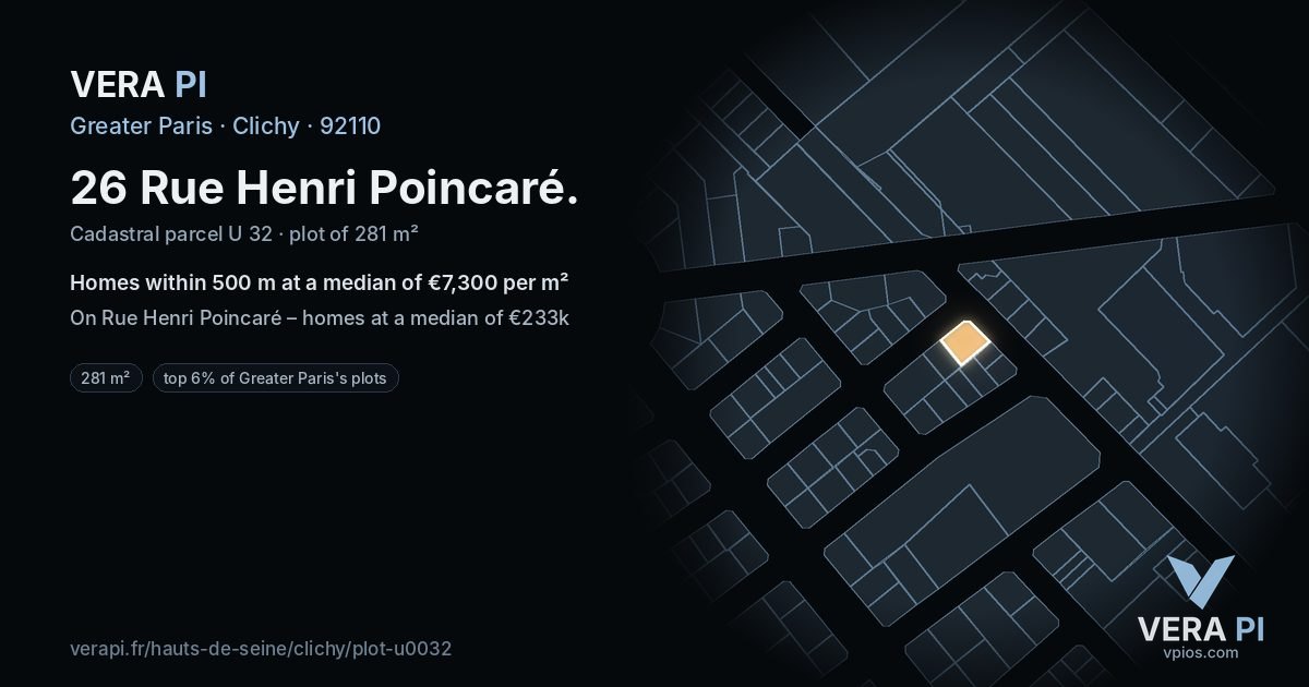 26 Rue Henri Poincaré, Clichy at night – the plot lit, the parcels around coloured by the prices near them