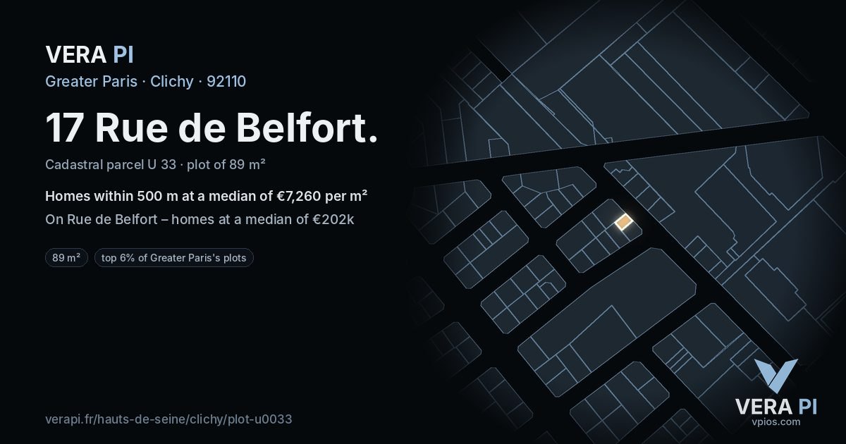 17 Rue de Belfort, Clichy at night – the plot lit, the parcels around coloured by the prices near them