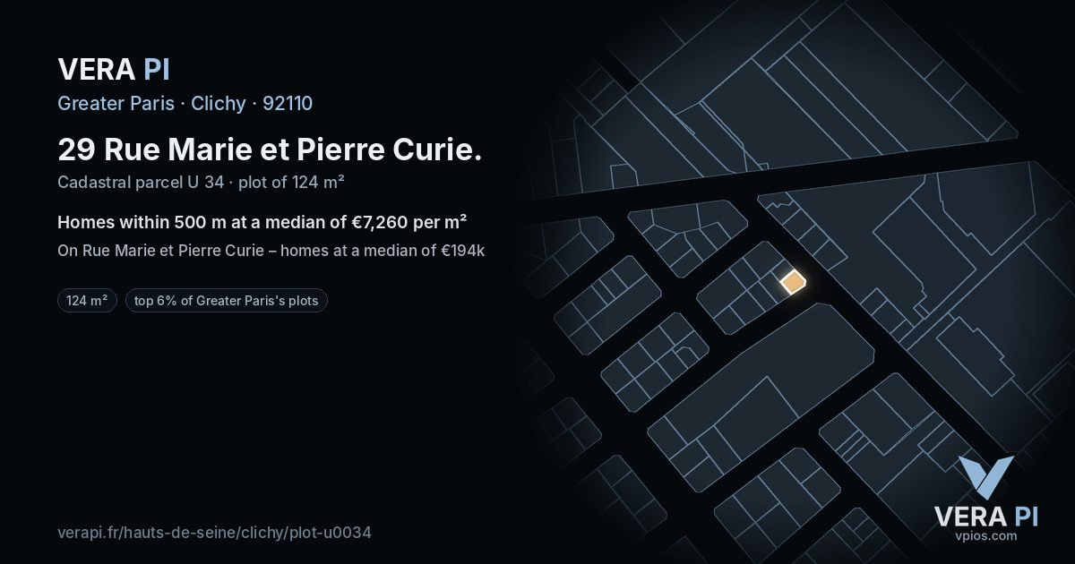 29 Rue Marie et Pierre Curie, Clichy at night – the plot lit, the parcels around coloured by the prices near them