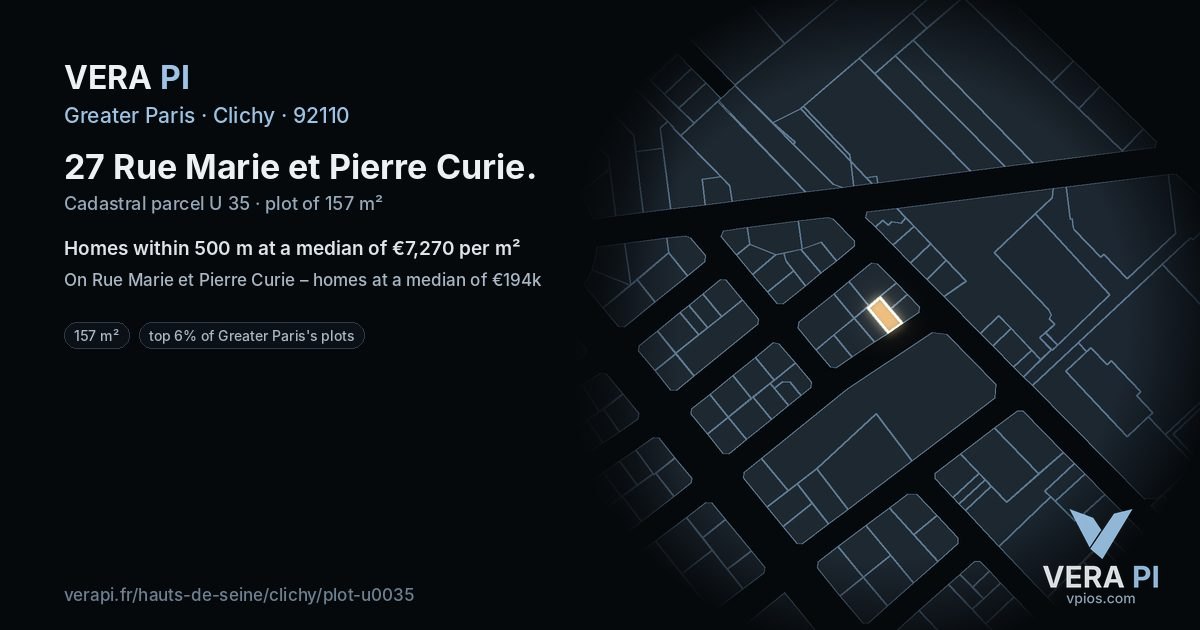 27 Rue Marie et Pierre Curie, Clichy at night – the plot lit, the parcels around coloured by the prices near them