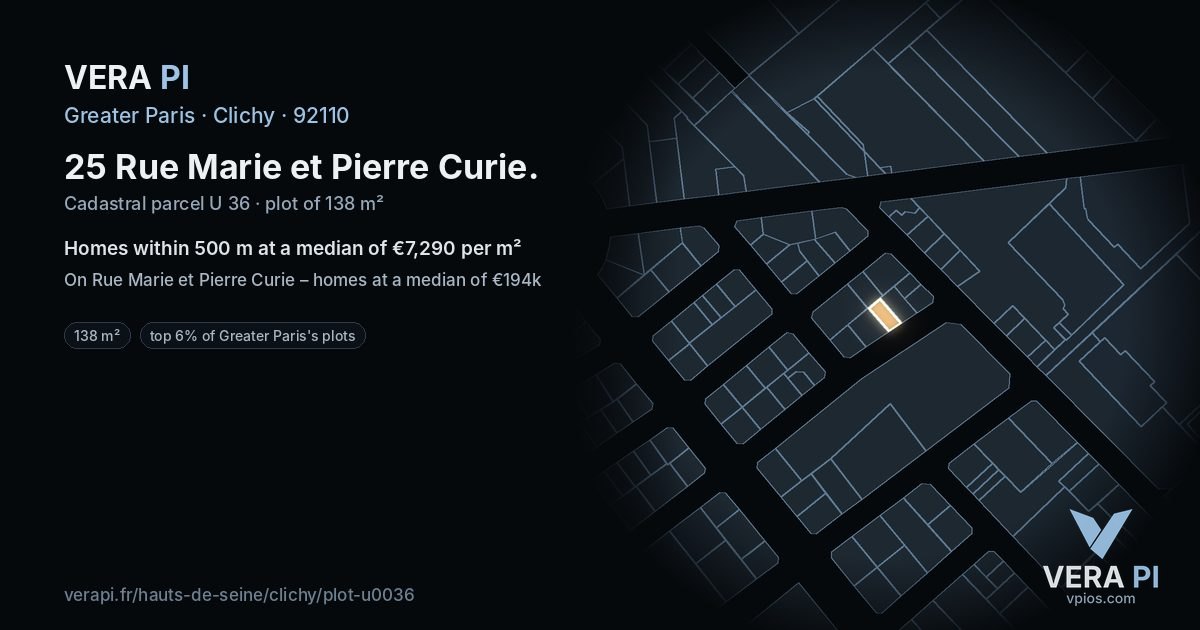25 Rue Marie et Pierre Curie, Clichy at night – the plot lit, the parcels around coloured by the prices near them