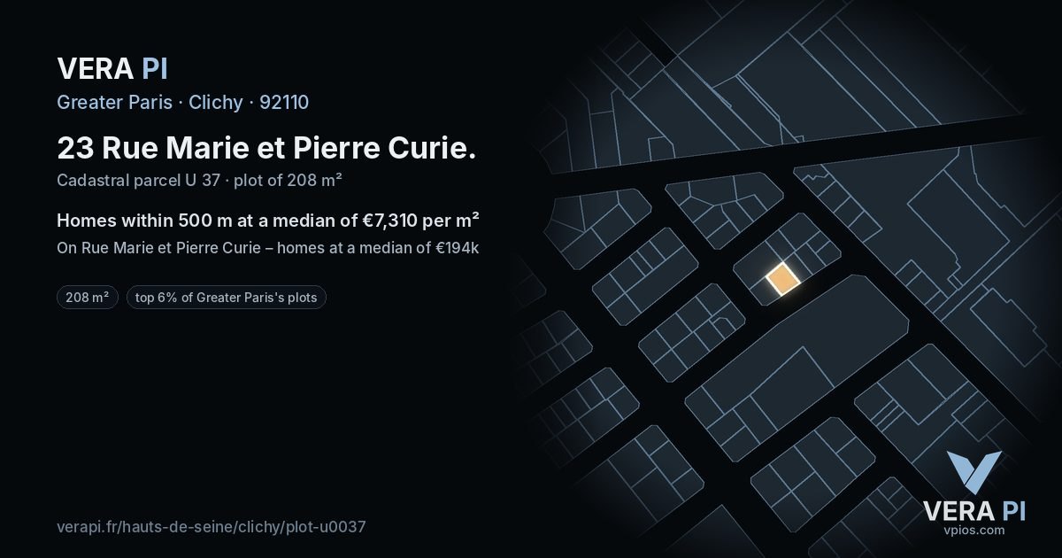 23 Rue Marie et Pierre Curie, Clichy at night – the plot lit, the parcels around coloured by the prices near them