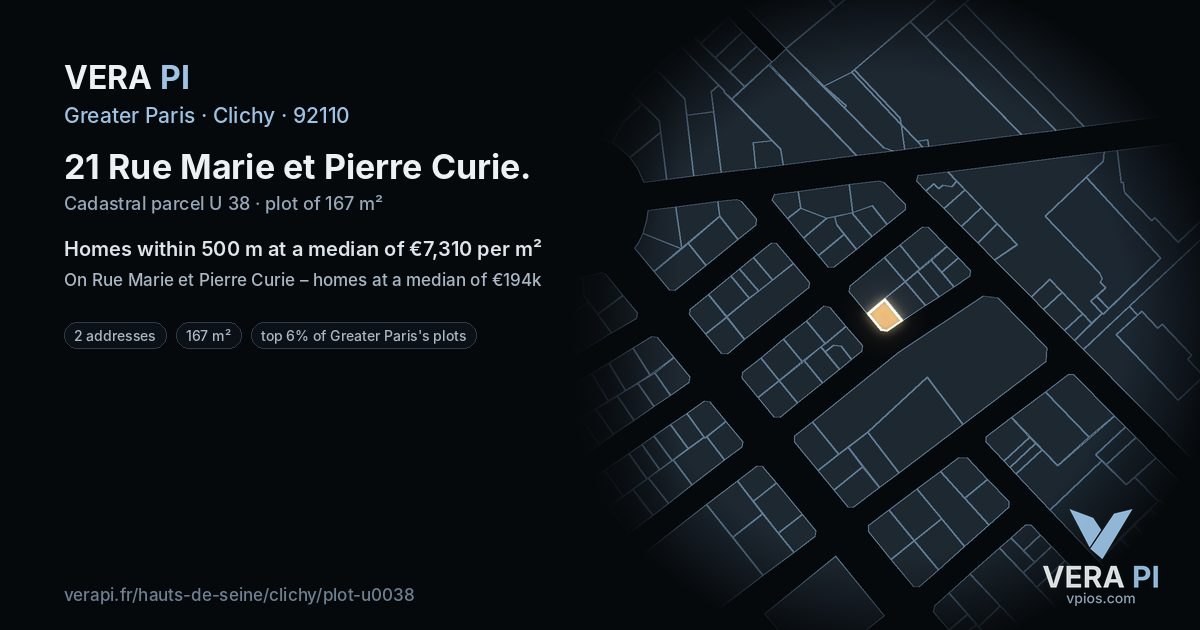 21 Rue Marie et Pierre Curie, Clichy at night – the plot lit, the parcels around coloured by the prices near them