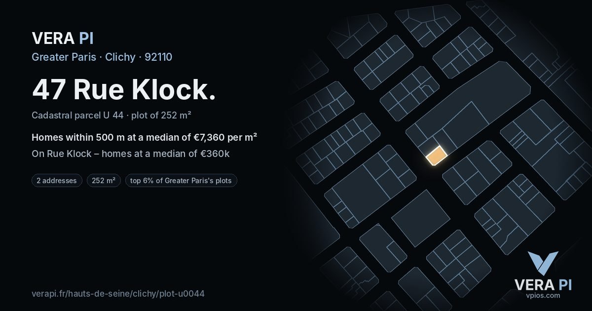 47 Rue Klock, Clichy at night – the plot lit, the parcels around coloured by the prices near them