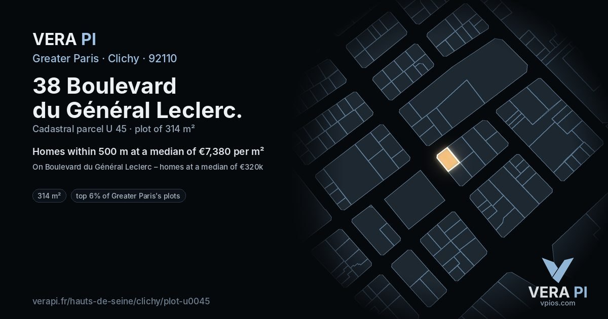 38 Boulevard du Général Leclerc, Clichy at night – the plot lit, the parcels around coloured by the prices near them