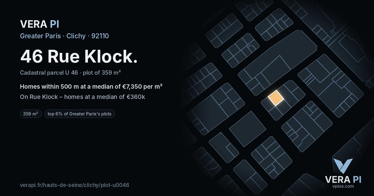 46 Rue Klock, Clichy at night – the plot lit, the parcels around coloured by the prices near them