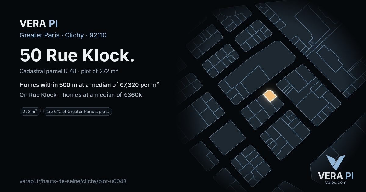 50 Rue Klock, Clichy at night – the plot lit, the parcels around coloured by the prices near them