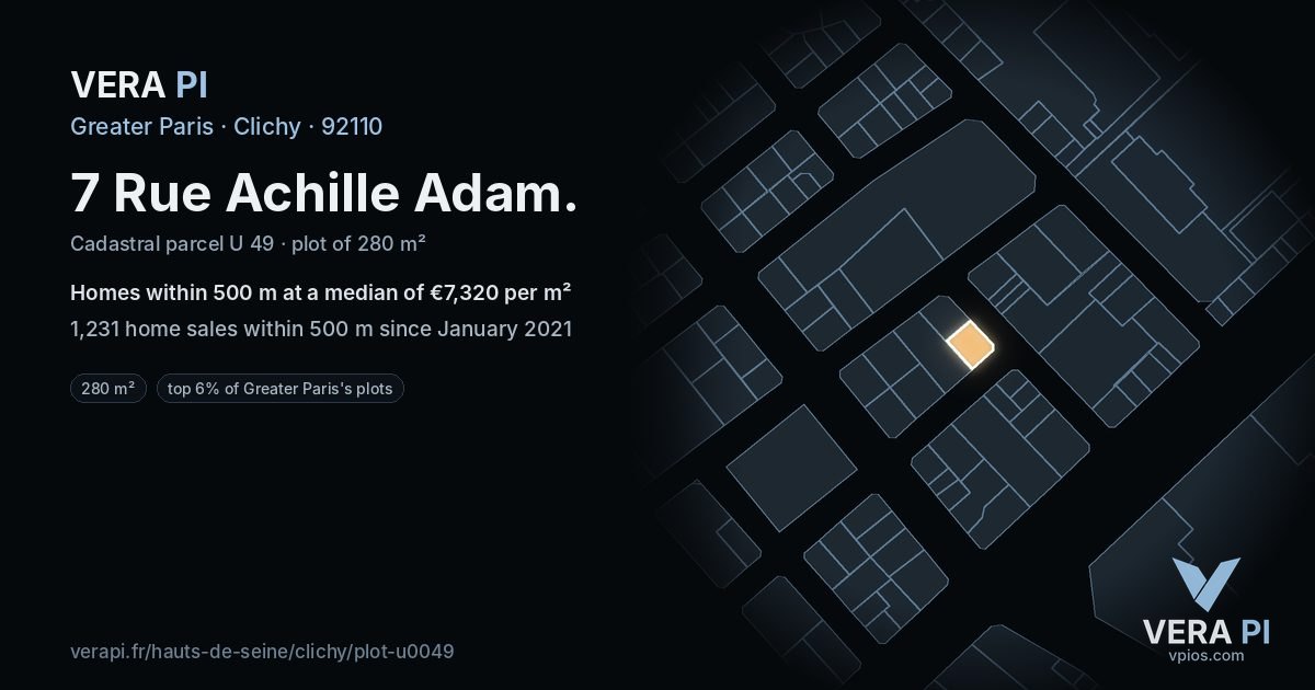 7 Rue Achille Adam, Clichy at night – the plot lit, the parcels around coloured by the prices near them