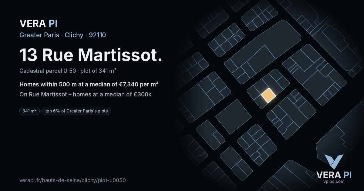 13 Rue Martissot, Clichy at night – the plot lit, the parcels around coloured by the prices near them