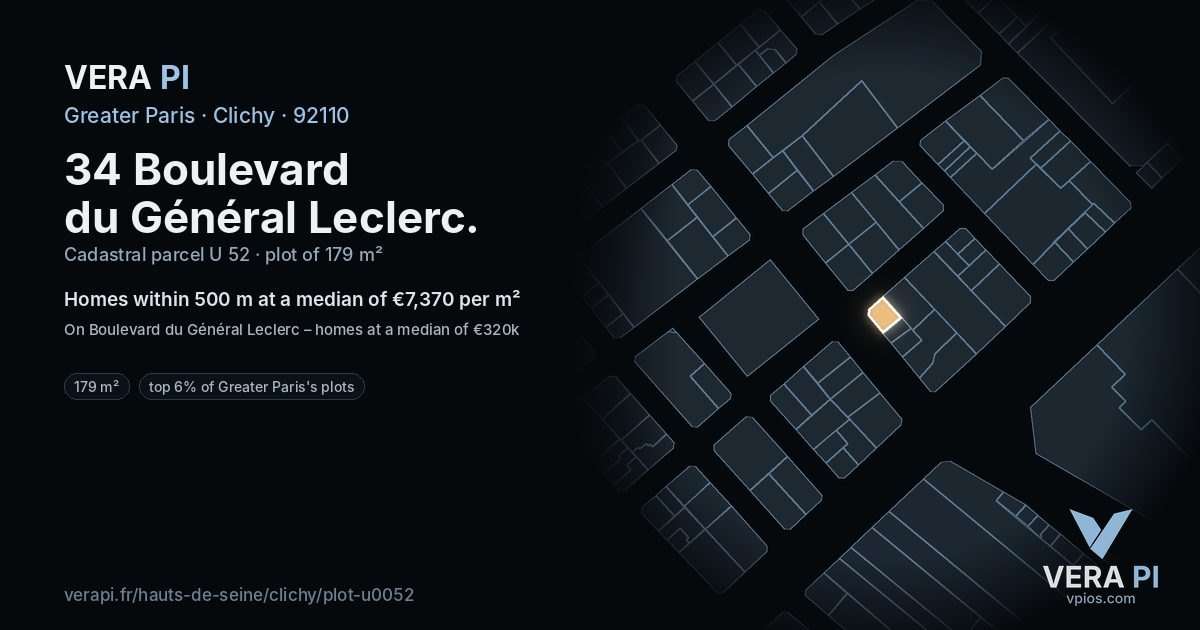 34 Boulevard du Général Leclerc, Clichy at night – the plot lit, the parcels around coloured by the prices near them