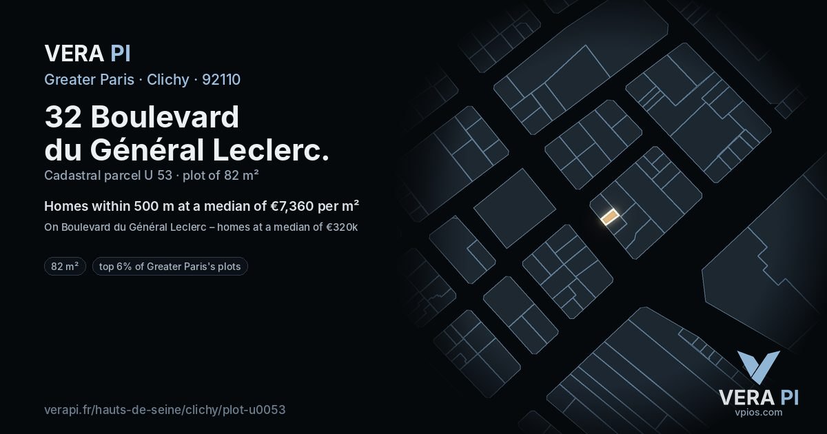 32 Boulevard du Général Leclerc, Clichy at night – the plot lit, the parcels around coloured by the prices near them
