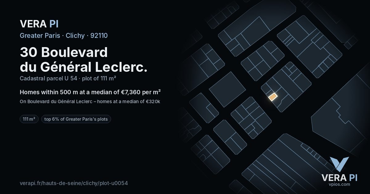 30 Boulevard du Général Leclerc, Clichy at night – the plot lit, the parcels around coloured by the prices near them