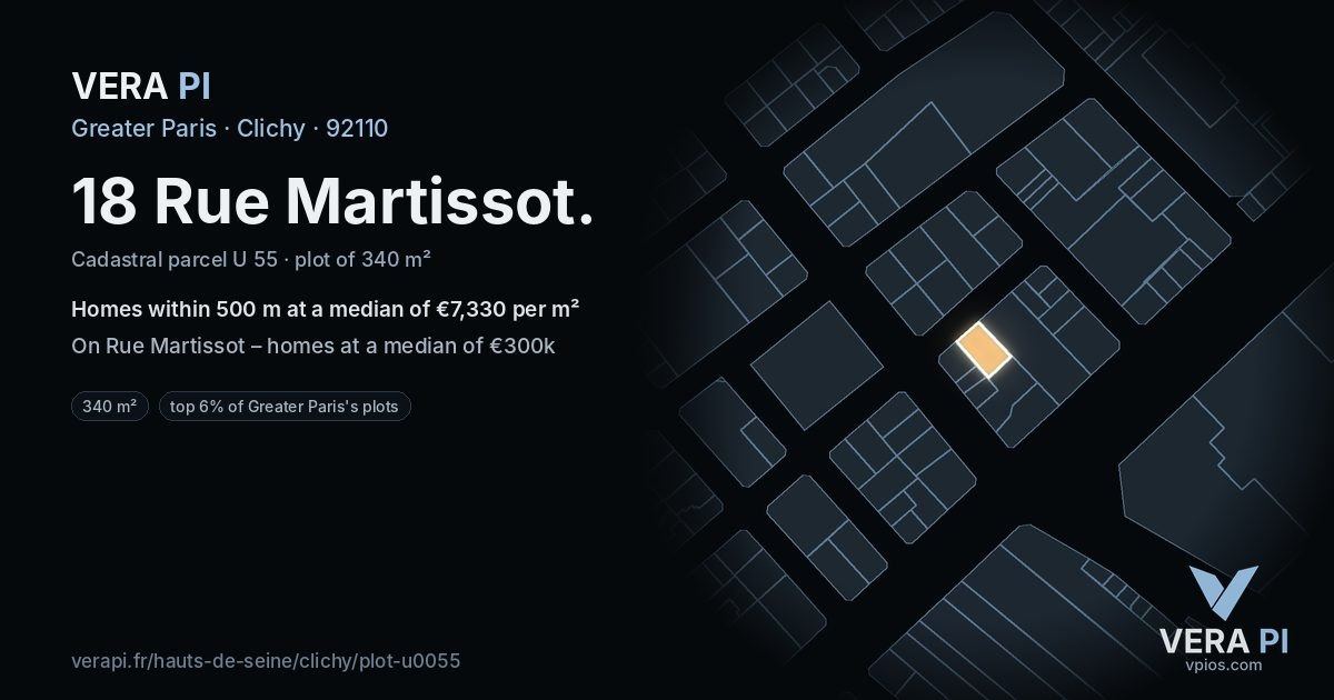 18 Rue Martissot, Clichy at night – the plot lit, the parcels around coloured by the prices near them