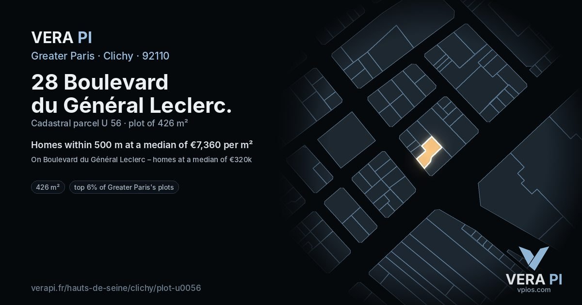 28 Boulevard du Général Leclerc, Clichy at night – the plot lit, the parcels around coloured by the prices near them
