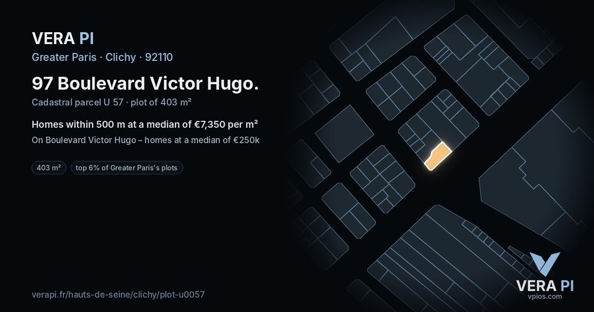 97 Boulevard Victor Hugo, Clichy at night – the plot lit, the parcels around coloured by the prices near them