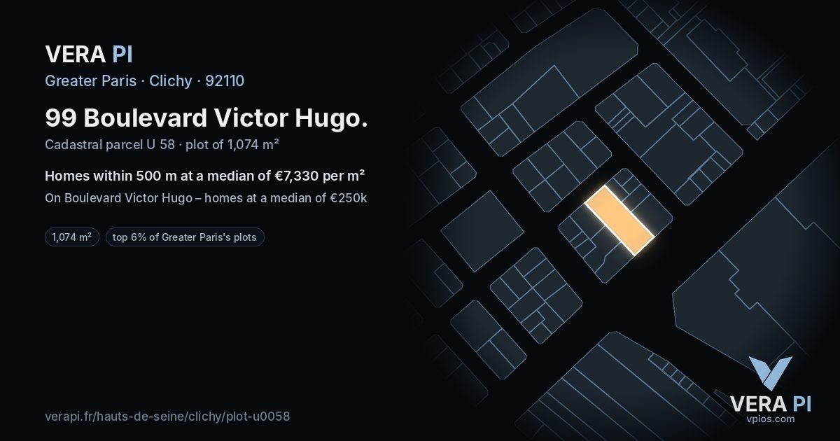 99 Boulevard Victor Hugo, Clichy at night – the plot lit, the parcels around coloured by the prices near them