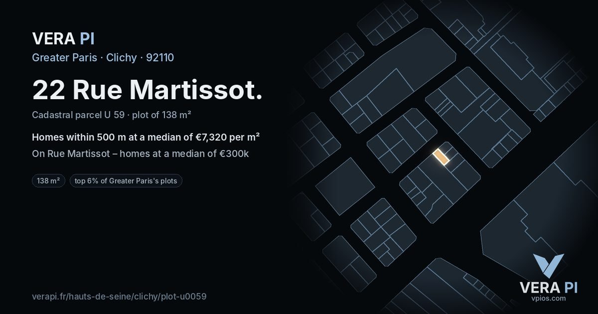 22 Rue Martissot, Clichy at night – the plot lit, the parcels around coloured by the prices near them