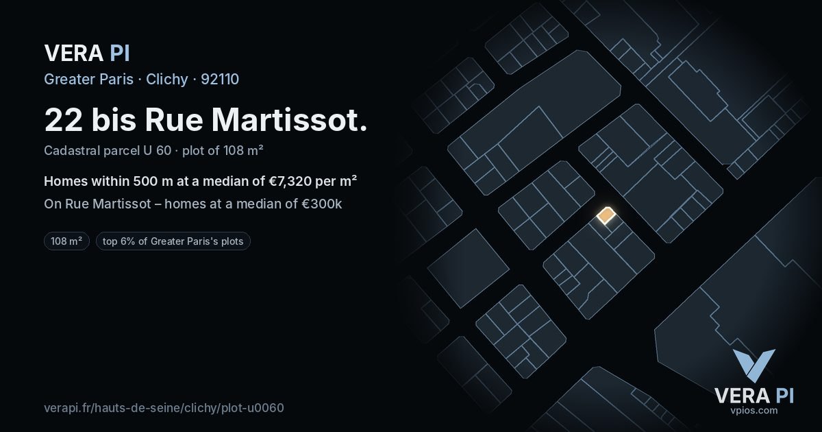 22 bis Rue Martissot, Clichy at night – the plot lit, the parcels around coloured by the prices near them
