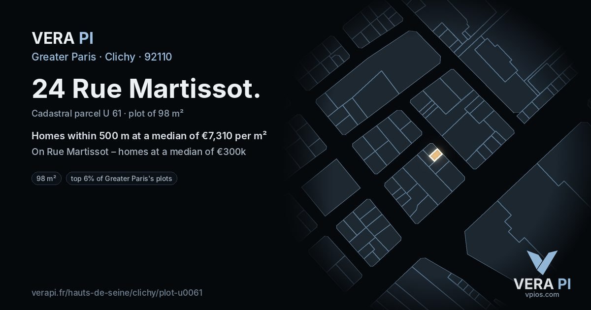 24 Rue Martissot, Clichy at night – the plot lit, the parcels around coloured by the prices near them