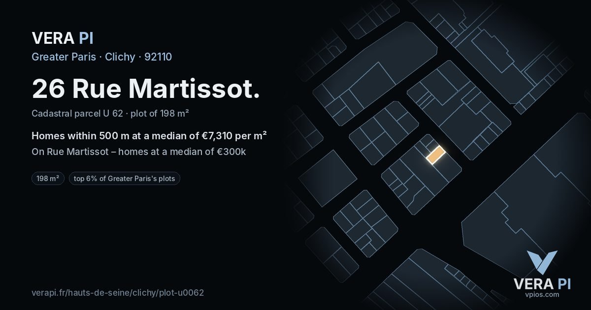 26 Rue Martissot, Clichy at night – the plot lit, the parcels around coloured by the prices near them