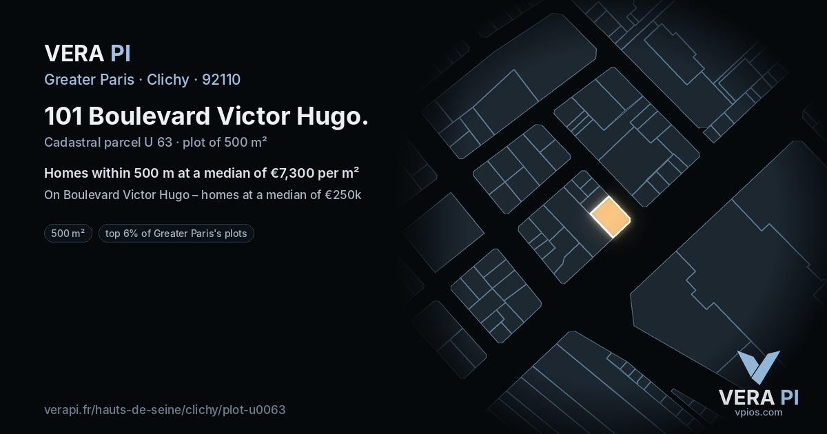 101 Boulevard Victor Hugo, Clichy at night – the plot lit, the parcels around coloured by the prices near them