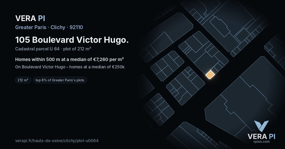 105 Boulevard Victor Hugo, Clichy at night – the plot lit, the parcels around coloured by the prices near them