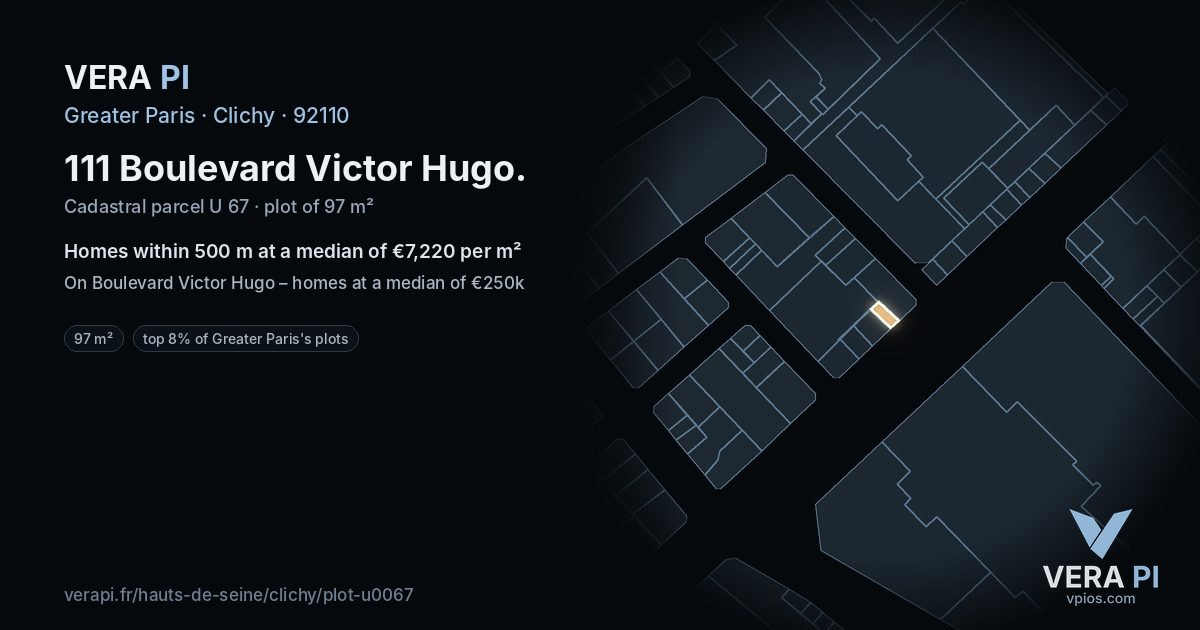 111 Boulevard Victor Hugo, Clichy at night – the plot lit, the parcels around coloured by the prices near them