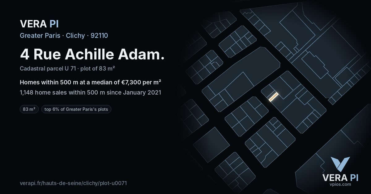 4 Rue Achille Adam, Clichy at night – the plot lit, the parcels around coloured by the prices near them