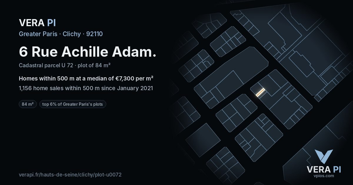 6 Rue Achille Adam, Clichy at night – the plot lit, the parcels around coloured by the prices near them