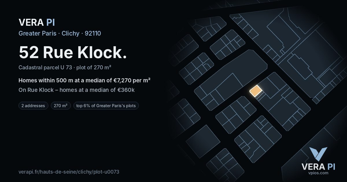 52 Rue Klock, Clichy at night – the plot lit, the parcels around coloured by the prices near them