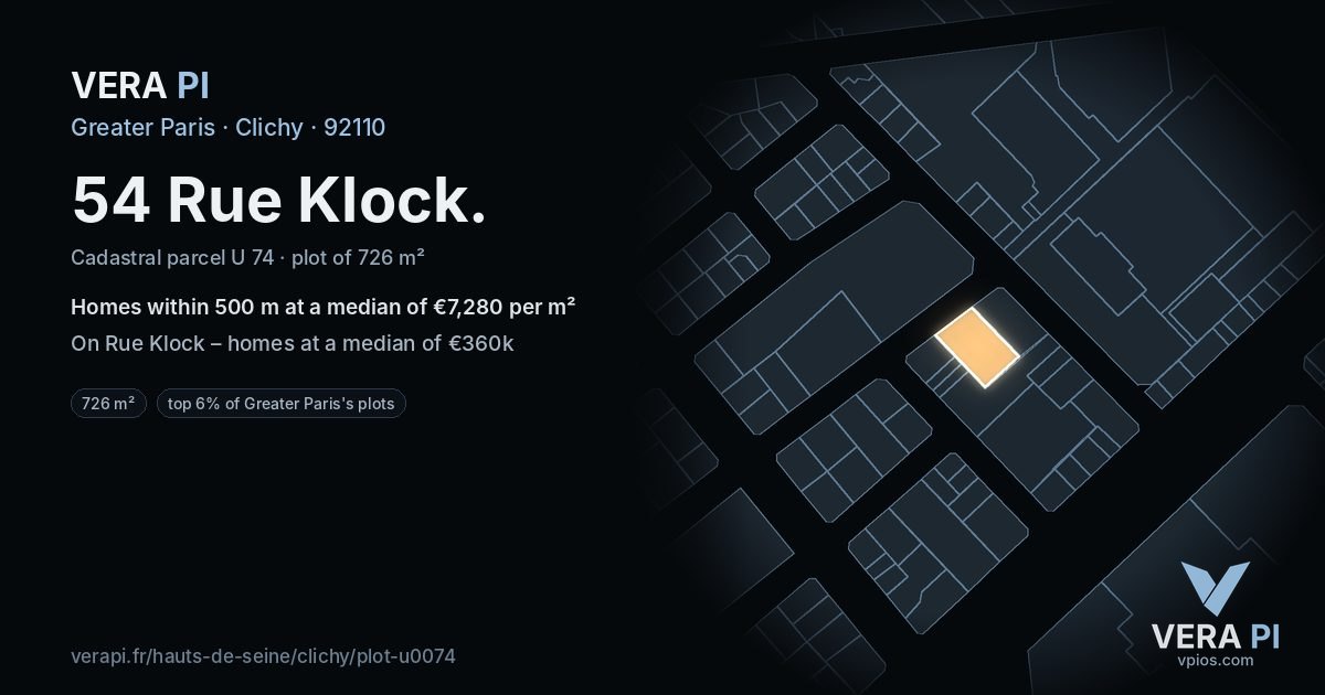 54 Rue Klock, Clichy at night – the plot lit, the parcels around coloured by the prices near them