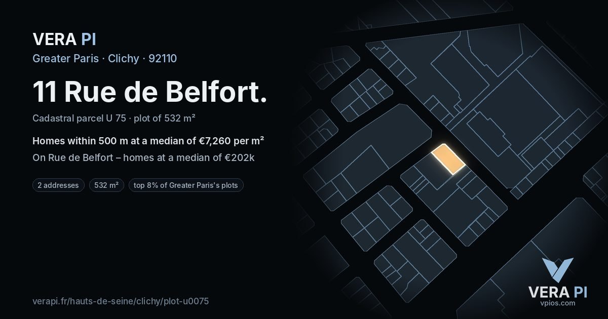 11 Rue de Belfort, Clichy at night – the plot lit, the parcels around coloured by the prices near them