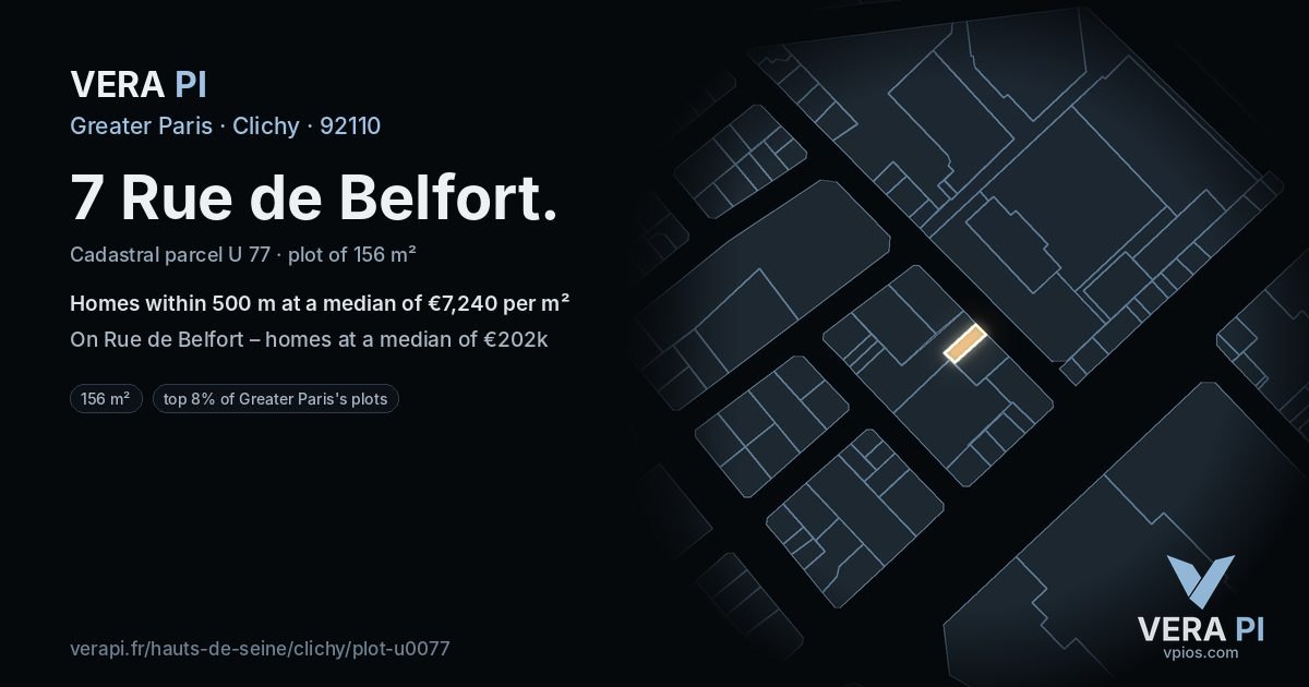 7 Rue de Belfort, Clichy at night – the plot lit, the parcels around coloured by the prices near them