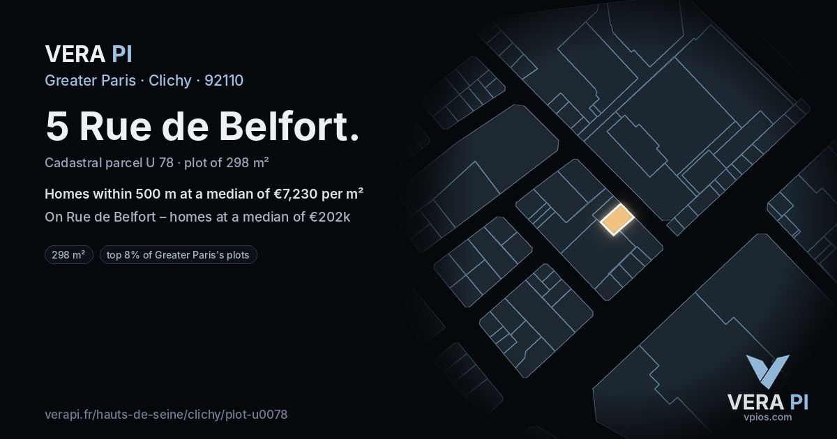 5 Rue de Belfort, Clichy at night – the plot lit, the parcels around coloured by the prices near them