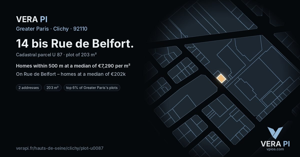 14 bis Rue de Belfort, Clichy at night – the plot lit, the parcels around coloured by the prices near them