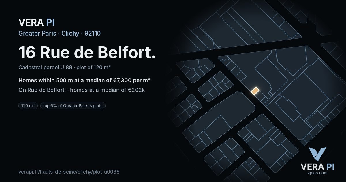 16 Rue de Belfort, Clichy at night – the plot lit, the parcels around coloured by the prices near them