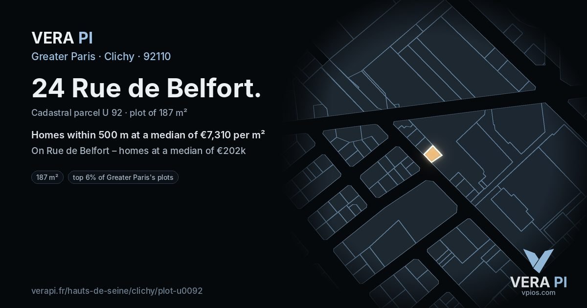 24 Rue de Belfort, Clichy at night – the plot lit, the parcels around coloured by the prices near them