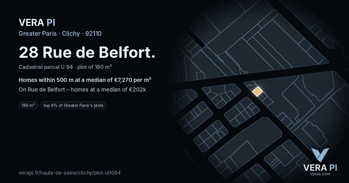 28 Rue de Belfort, Clichy at night – the plot lit, the parcels around coloured by the prices near them