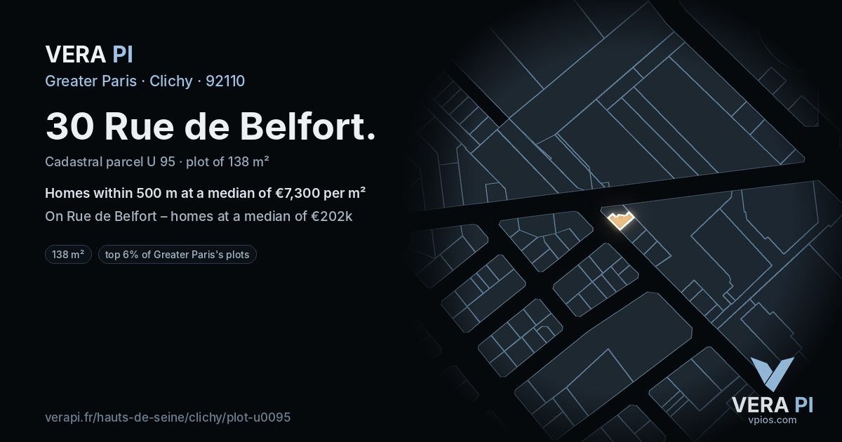30 Rue de Belfort, Clichy at night – the plot lit, the parcels around coloured by the prices near them