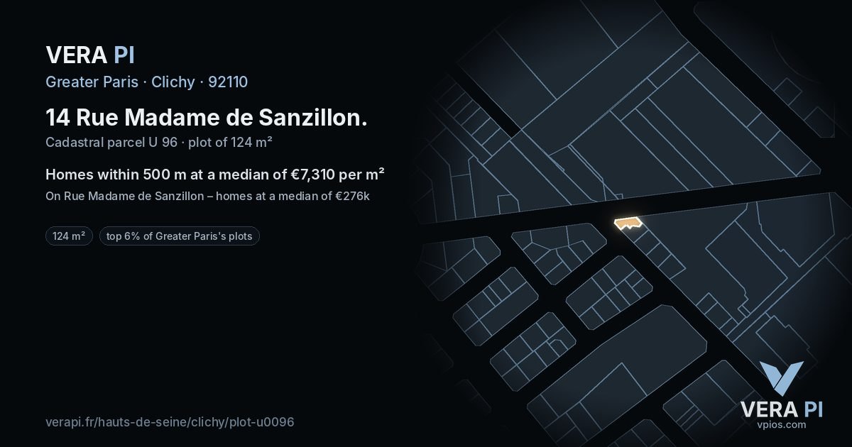 14 Rue Madame de Sanzillon, Clichy at night – the plot lit, the parcels around coloured by the prices near them